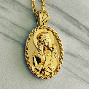Saint Cecilia Necklace with Guitar- 18K Gold Vermeil with Thorn frame, Saint Cecilia Pendant