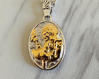 Saint Francis Necklace, Saint Francis Pendant, Saint Francis Medal, Two Tone Sterling Silver Saint Francis Medal, Divine Box Jewelry