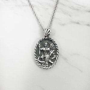 Oxidized Sterling Silver Saint Michael Pendant Necklace