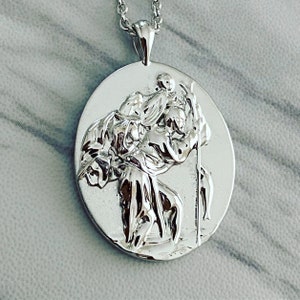 Saint Christopher Necklace -  Sterling Silver with Oval Pendant, Saint Christopher Pendant