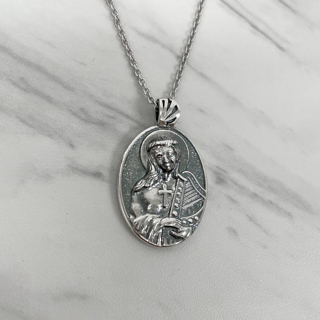 Antique Saint Cecilia Harp Necklace Oxidised Sterling Silver Medal ...