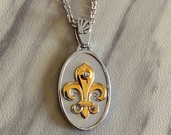 Fleur De Lis Necklace, Fleur De Lis Pendant, Fleur De Lis Medal, Two Tone Sterling Silver Fleur De Lis Medal, Divine Box Jewelry