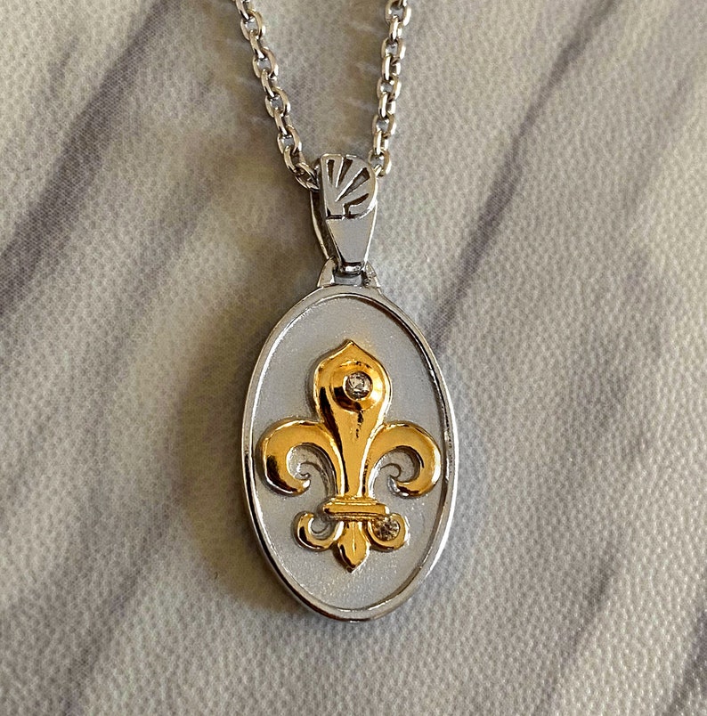 Fleur De Lis Necklace, Fleur De Lis Pendant, Fleur De Lis Medal, Two Tone Sterling Silver Fleur De Lis Medal, Divine Box Jewelry