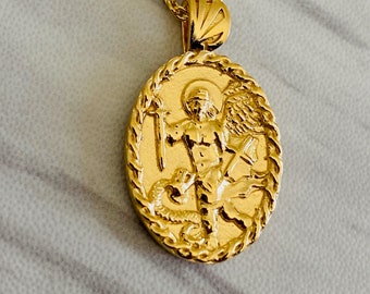 Saint Michael Necklace - 18K Gold Vermeil with Thorn frame, Saint Michael Pendant