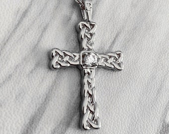 Celtic Weave Cross Necklace - Sterling Silver with Cubic Zirconia , Celtic Weave Cross Pendant, Cross Pendant for Women