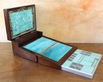 Antique rosewood and mahogany work box, combined writing slope, with turquoise satin interior, Victorian circa 1860 -1880