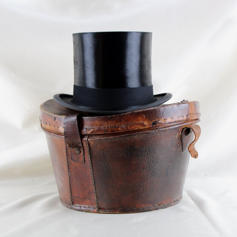 Black Silk Top Hat UK size 7 with its Leather case made for Battersby /& Co circa 1930s