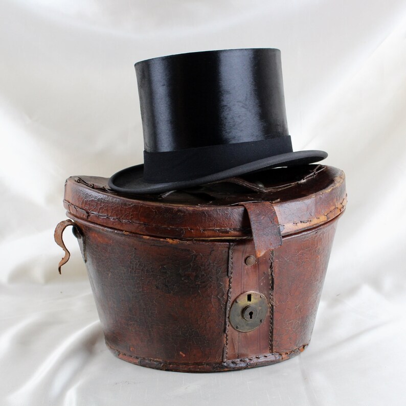 Black Silk Top Hat UK size 7 with its Leather case made for Battersby /& Co circa 1930s