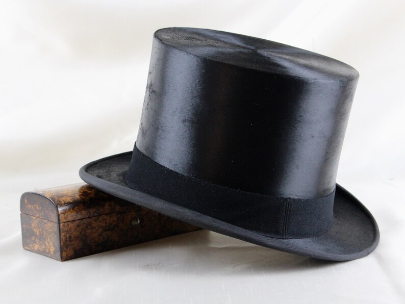 Black Silk Top Hat UK size 7 with its Leather case made for Battersby /& Co circa 1930s
