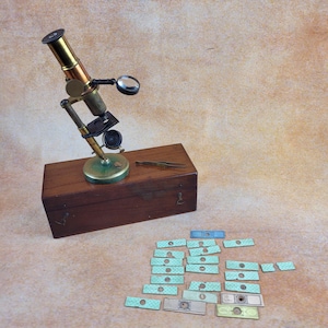 Antique brass microscope circa 1850-1870 boxed, with slides.