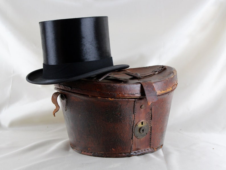 Black Silk Top Hat UK size 7 with its Leather case made for Battersby /& Co circa 1930s