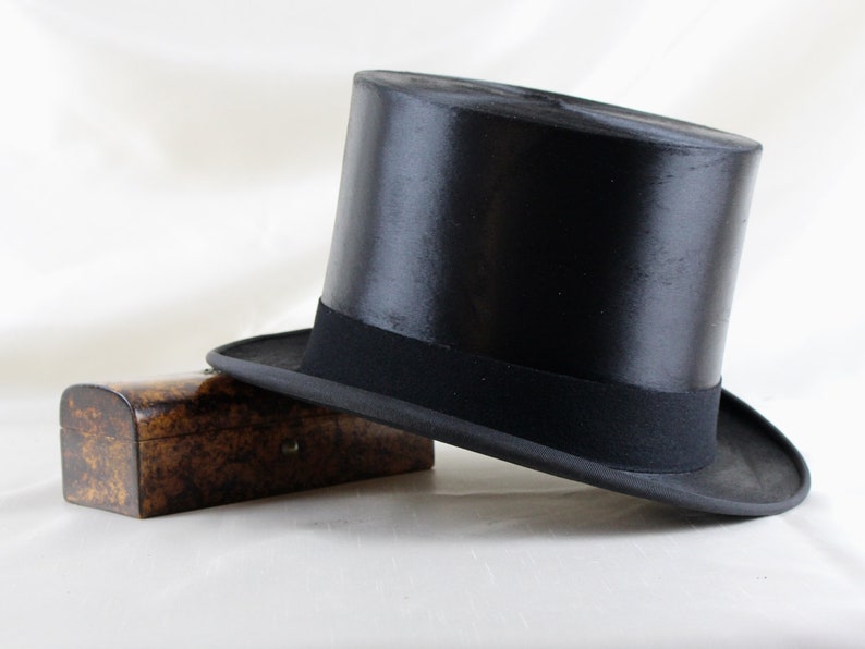 Black Silk Top Hat UK size 7 with its Leather case made for Battersby /& Co circa 1930s