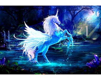 Neon Blue Pegasus Unicorn - Surreal Fantasy - Fantasy Poster - Fantasy Artwork
