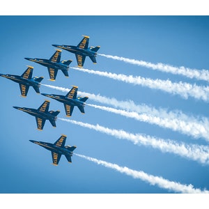 May include: Six blue and yellow fighter jets fly in formation, leaving white smoke trails against a clear blue sky.