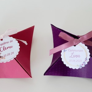 Boite à dragées rose framboise et violette, baptême, communion, mariage champêtre