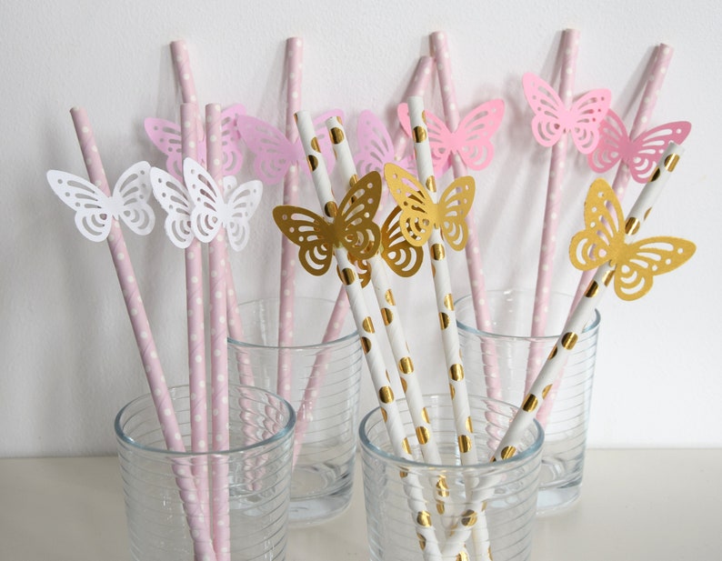 Paper Straws Pink Gold White Butterfly Decoration Table Etsy