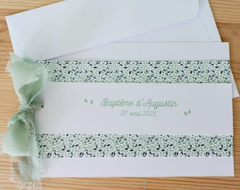 Faire-part feuillages vert, baptême, communion