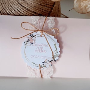 Boite à dragées rose dentelle et étiquette champêtre