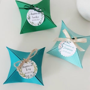Boite à dragées vert, bleu, baptême, mariage champêtre