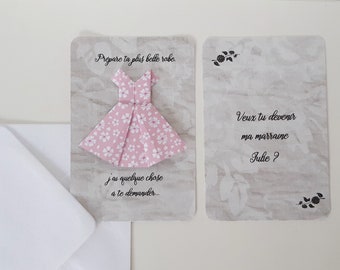 Demande marraine baptême, carte personnalisée avec robe en origami