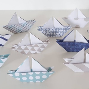 Mini origami boats (set of 10) blue and beige baptism decoration, baby shower, communion, birthday, marine theme