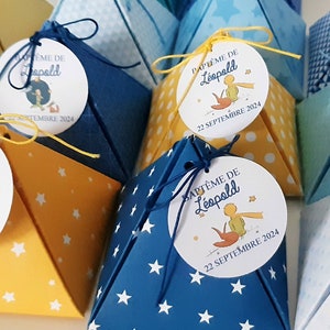 Boite à dragées petit prince, bleu clair, bleu marine, jaune, baptême garçon