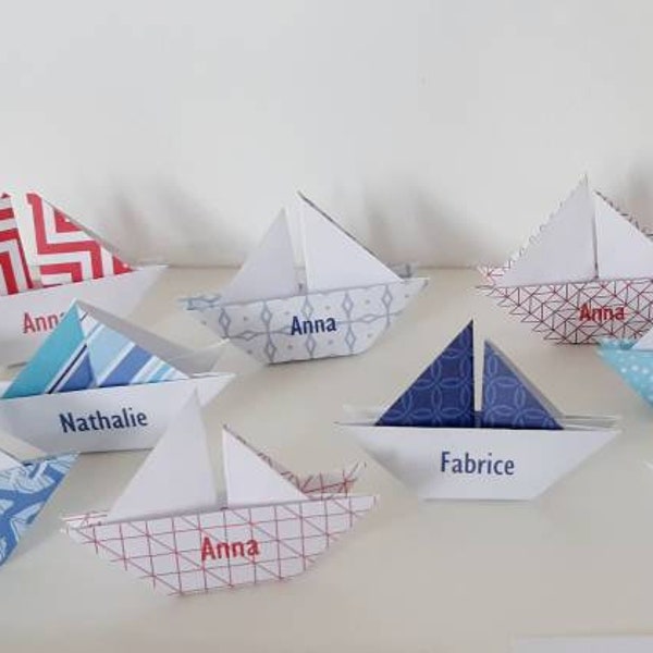 Marque place bateau origami, baptême, babyshower, communion, mariage, thème marin