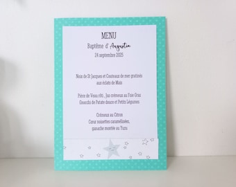 Menu baptême, communion, anniversaire, mariage, vert menthe vert d'eau