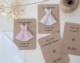 Demande témoin mariage, demande demoiselle d'honneur : carte avec robe en origami