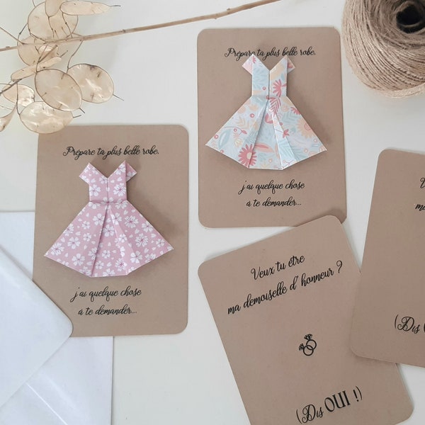 Demande témoin mariage, demande demoiselle d'honneur : carte avec robe en origami