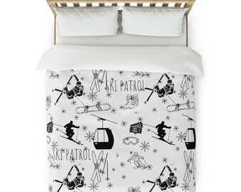 Winter Woodland Duvet Cover Downhill Skiers Snow Ski Holiday Black And White Ski Patrol Bedding