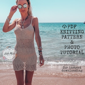 Sexy sheer knitted dress PDF easy pattern & tutorial Beach cover up knitting pattern for beginners See through dress Lace mini tight dress