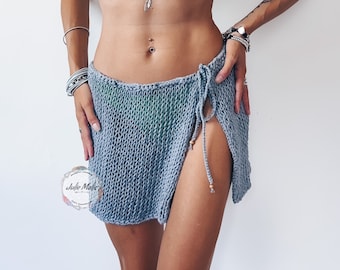 Beach hand knitted wrap skirt Mesh mini skirt Sheer tropical swimwear See through knitted sarong Open front transparent skirt Swimsuit cover