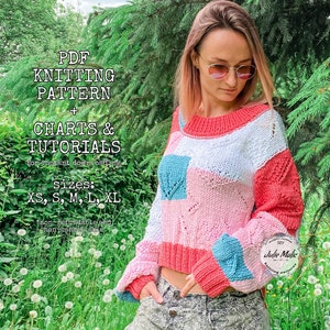 Geometrische colorblock trui PDF eenvoudig breipatroon, grafieken en tutorials Korte voorkant, lange achterkant, losse pasvorm trui Getextureerde warme trui