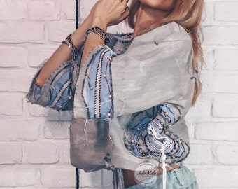 Mexican embroidered fiesta blouse Bleached t shirt Tribal fusion top Ethnic top Mandala embroidery Oversized jean jacket Tie dye sweatshirt