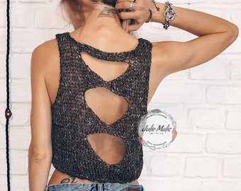 Cut out back top Women’s hand knitted lace up top Boho mesh crop top Sexy sheer top See through top Open back top Lace up front knit top