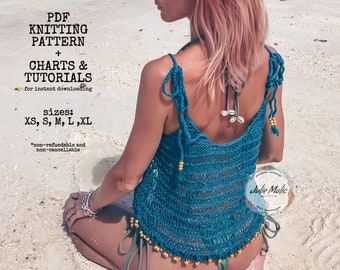 Patrón de tejido en PDF para top con lazo en los hombros. Tutorial de tejido para top corto bohemio. Patrón de tejido fácil para top de bikini atrevido. Top de encaje transparente sexy DIY.