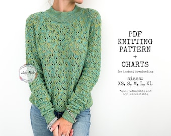 Women’s lace raglan crew neck jumper PDF KNITTING PATTERN Sexy sheer sweater Casual mock neck knit jumper Open knitted pullover 4 mm needles