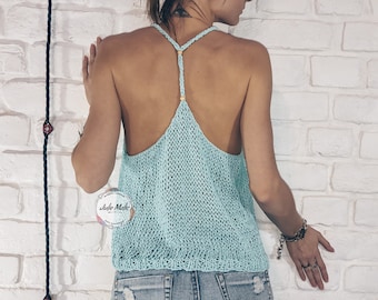 Women's knitted mesh open back top Knit halter neck top Sexy top women Bohemian gypsy top Sheer minimalist top Light mint see through top