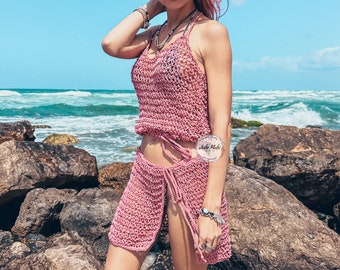 Women’s hand knitted boho crop top and lace wrap skirt set Swimsuit cover ups Mini tie sarong and racerback cropped top Tropical swimwear