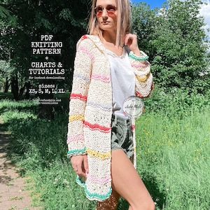 Gestreept zomervest met capuchon voor dames PDF-breipatroon, diagram en handleiding Hippie herfsttrui, eenvoudig breipatroon Grof doorschijnend lang vest