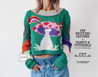 Suéter hippie de cogumelo mágico em PDF, padrão de tricô fácil, gráfico de intarsia, tutorial, suéter com gola redonda, estilo hippie, cogumelo, faça você mesmo, colorido