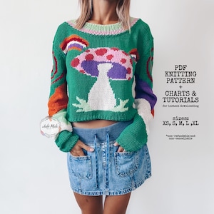 intarsia knitting, womens knit sweaters
magic mushroom hippie fun pullover, sweater knit pattern, colorwork knitting step by step pattern, cropped fall sweater, mushroom fungi knit crew neck sweater diy, easy pattern toadstool colorwork