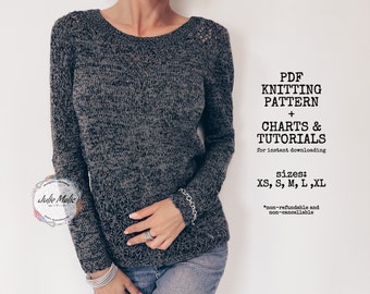 Women’s lace insert jumper PDF KNITTING PATTERN Lightweight semi sheer sweater knit tutorial Sexy mesh wool sweater Elegant fitted pullover