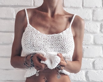 Women knitted top. White sheer top. Sexy top. Boho crop top. Minimalist top. Bohemian gypsy top. Fishnet top Beach cover up Cropped tank top