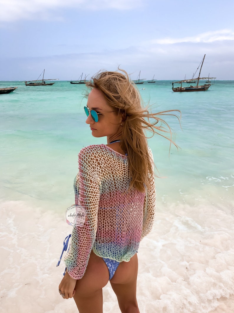 Ombre unicorn crop top Fishnet top See through long sleeve net tops Knitted top Beach cover up Boho mesh crop top Sexy sheer bohemian top image 9
