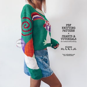 intarsia knitting, womens knit sweaters
magic mushroom hippie fun pullover, sweater knit pattern, colorwork knitting step by step pattern, cropped fall sweater, mushroom fungi knit crew neck sweater diy, easy pattern toadstool colorwork