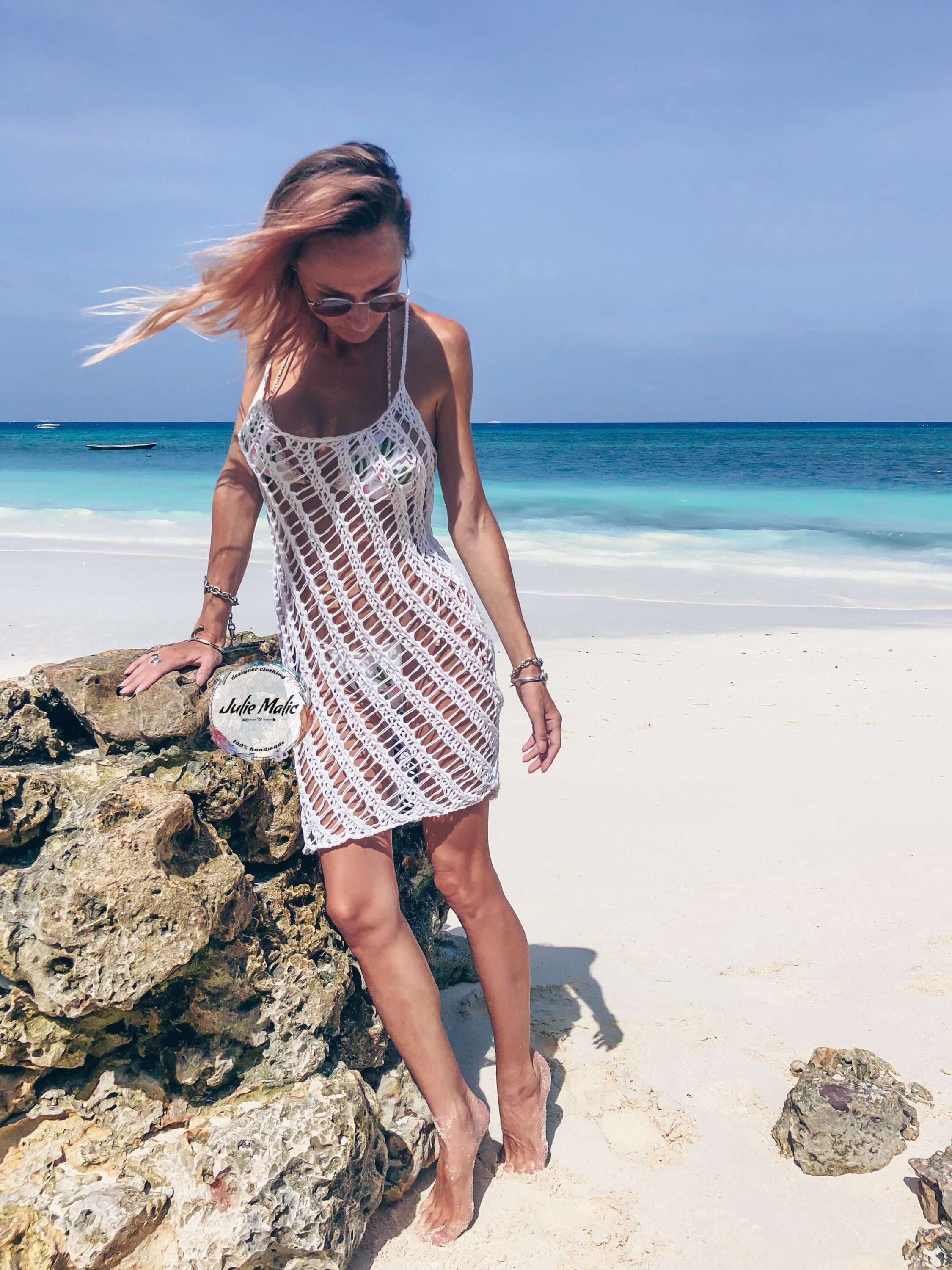 Short Fishnet Dress Semi Sheer Tunic See Through Dress Loose Knit