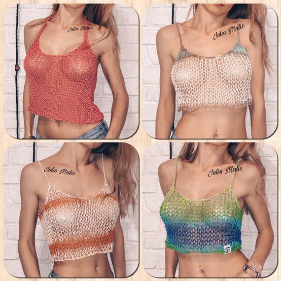 Womens Mesh Cropped Top Boho Crop Top Hand Knit Tank Top Sexy Beige Top Sheer Loose Knit Top See Through Top Cotton Halter Top Etsy UK