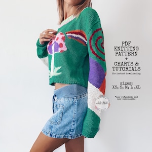 intarsia knitting, womens knit sweaters
magic mushroom hippie fun pullover, sweater knit pattern, colorwork knitting step by step pattern, cropped fall sweater, mushroom fungi knit crew neck sweater diy, easy pattern toadstool colorwork